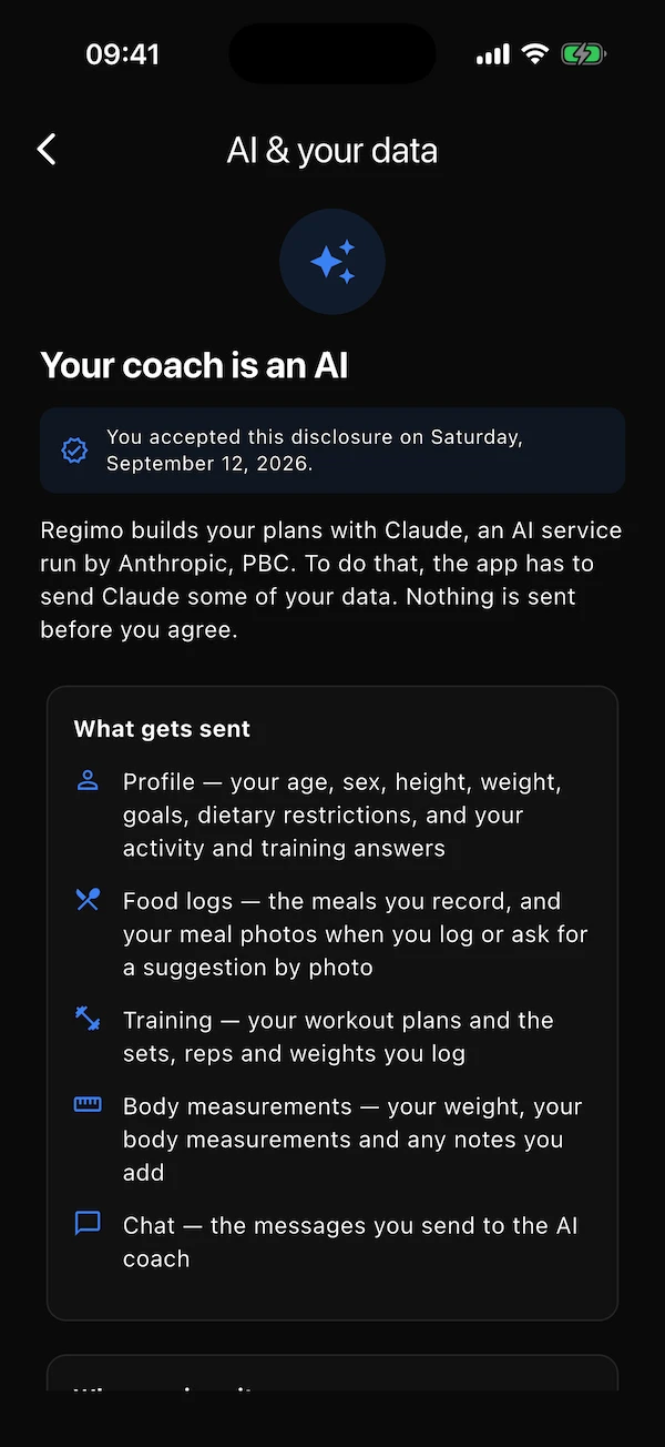 The AI & your data screen in Settings, showing the acceptance date