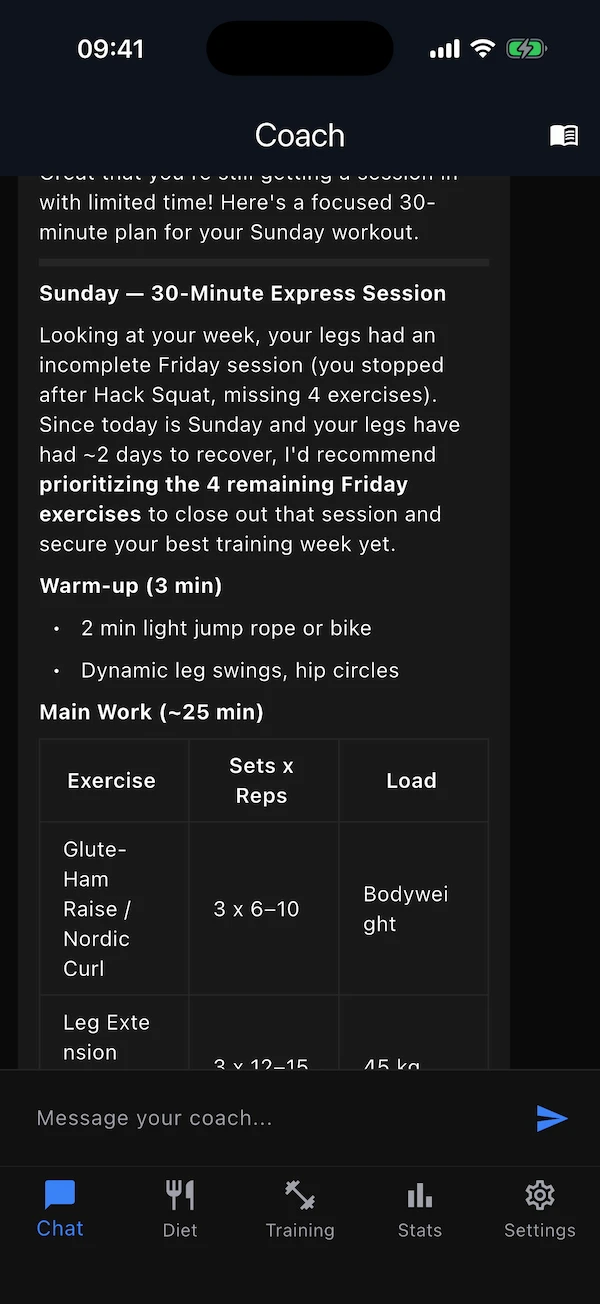 The coach answering with a 30-minute session built from the user's own week