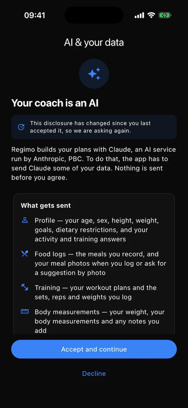 The AI & your data disclosure with Accept and Decline buttons