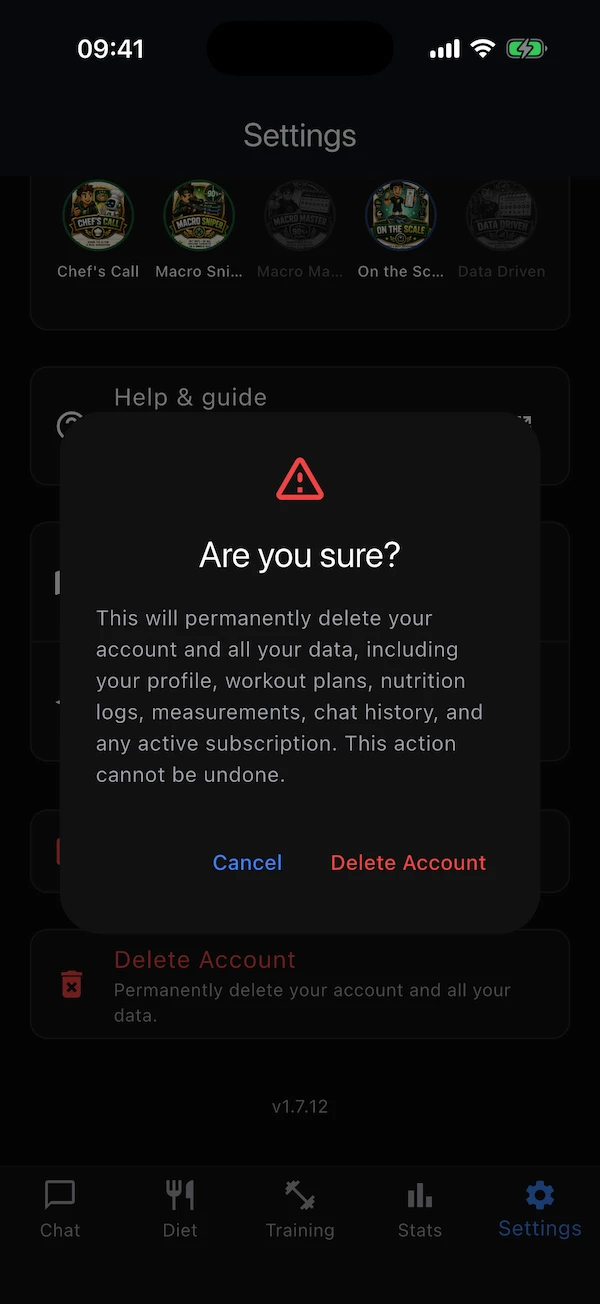 The delete account warning dialog