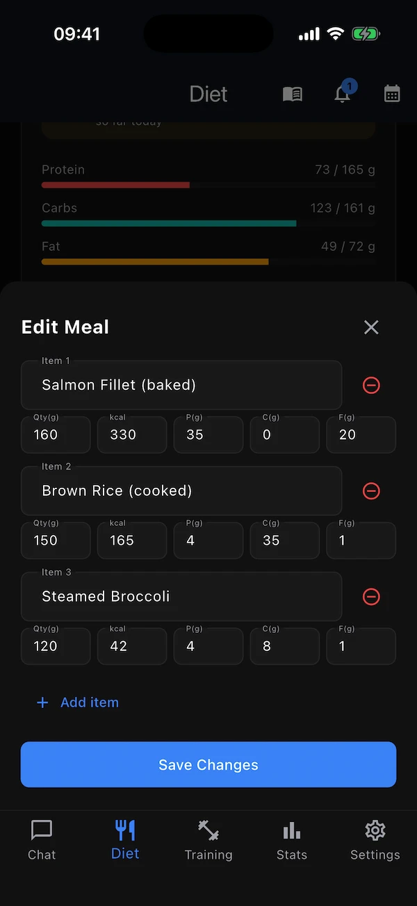 Editing a logged meal's items