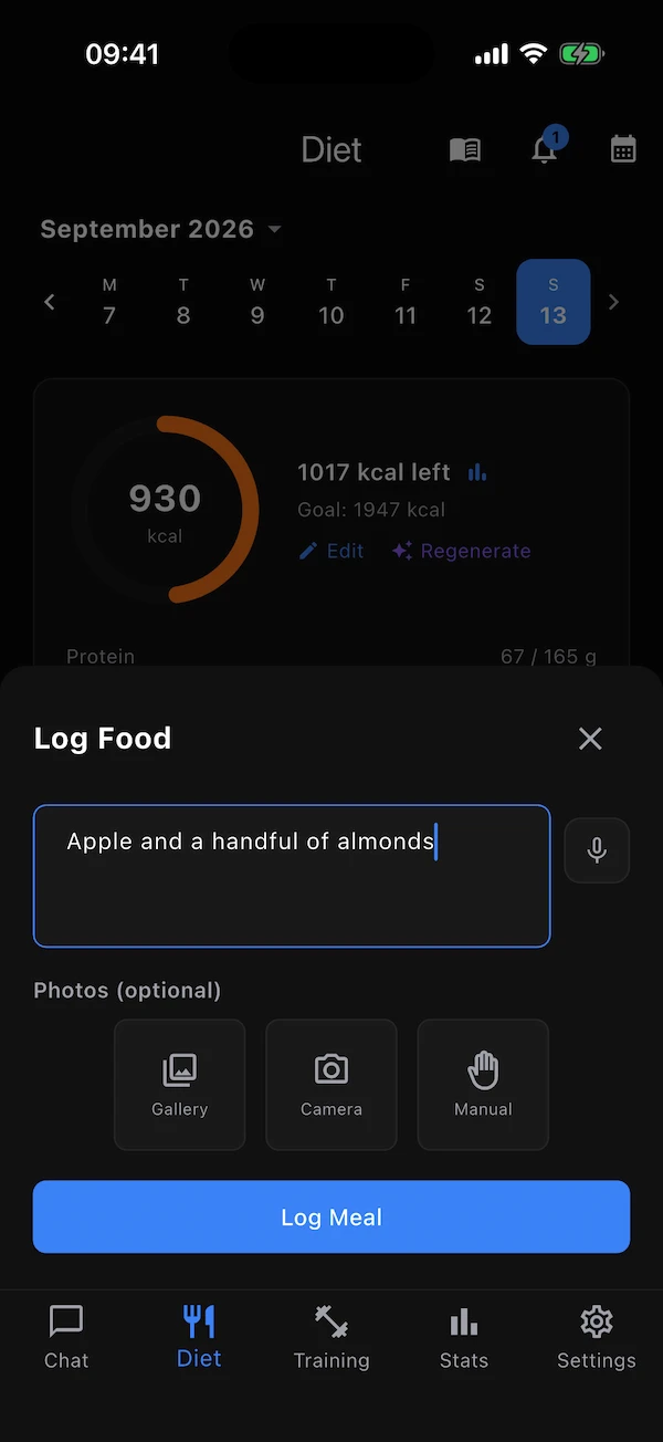 The Log Food sheet in AI mode with a typed description