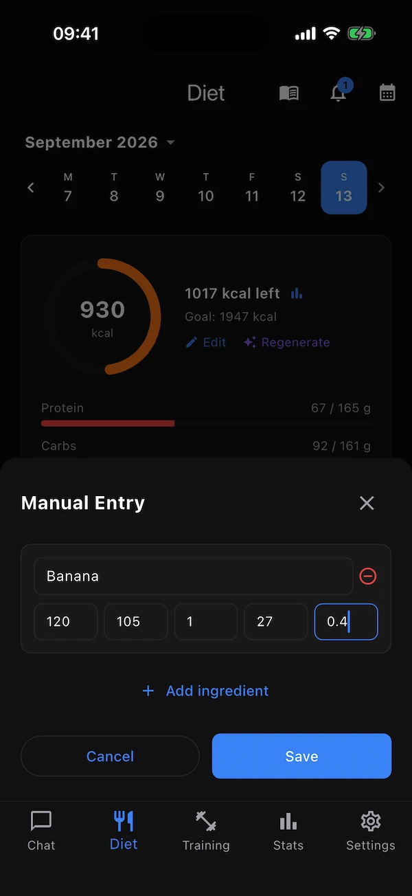 The Log Food sheet in manual mode with an ingredient row