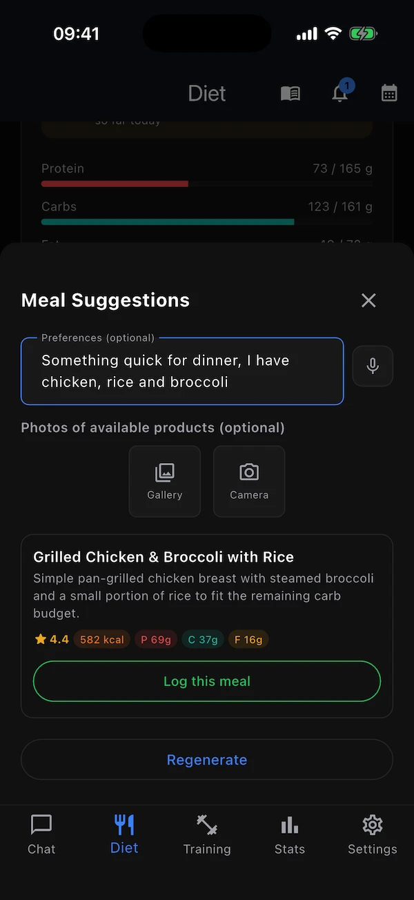 A suggested meal with its macros, grade and a Log this meal button
