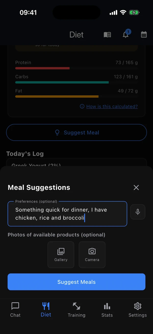 The Suggest Meal sheet with a typed preference