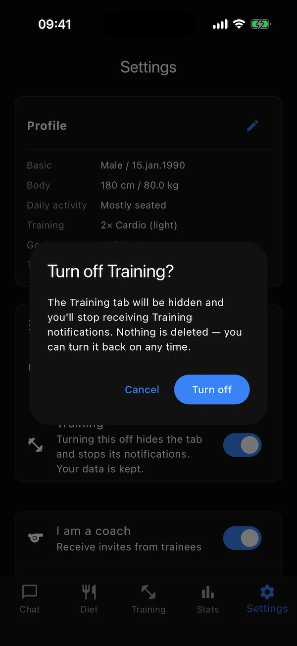 The Turn off Training confirmation dialog