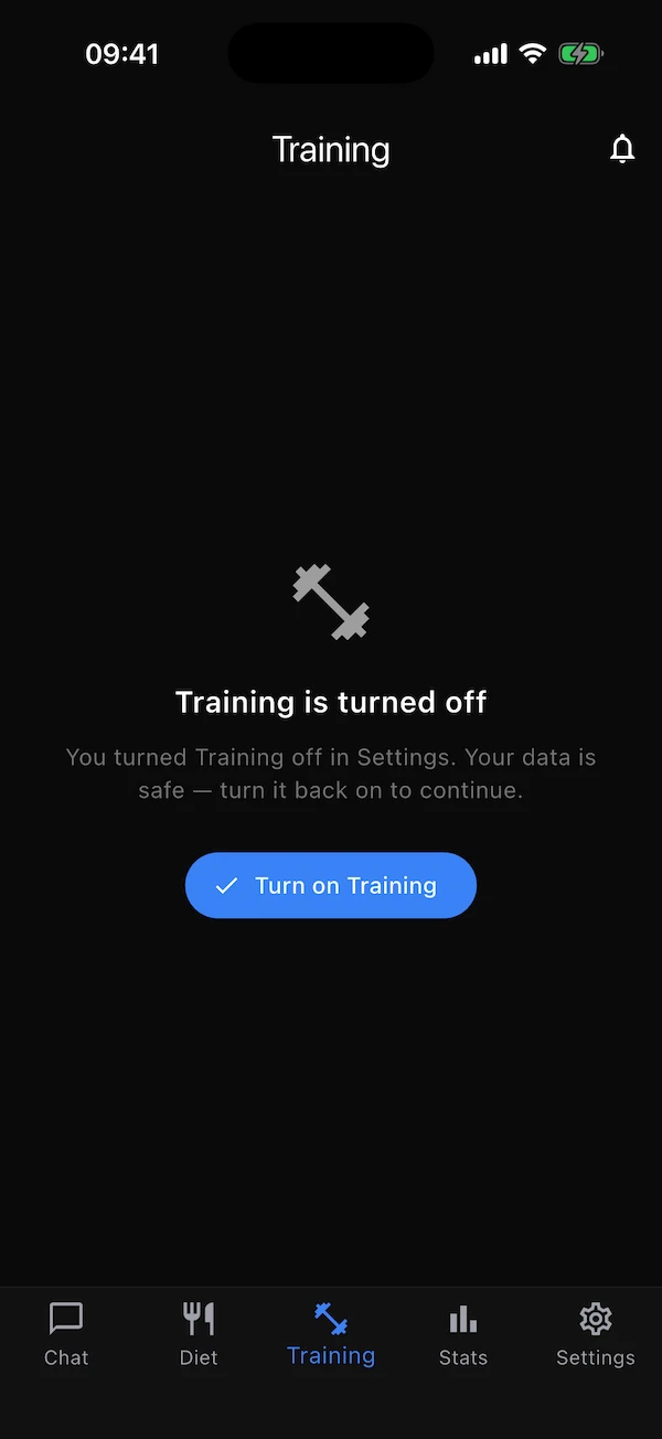 The Training tab after the feature was turned off