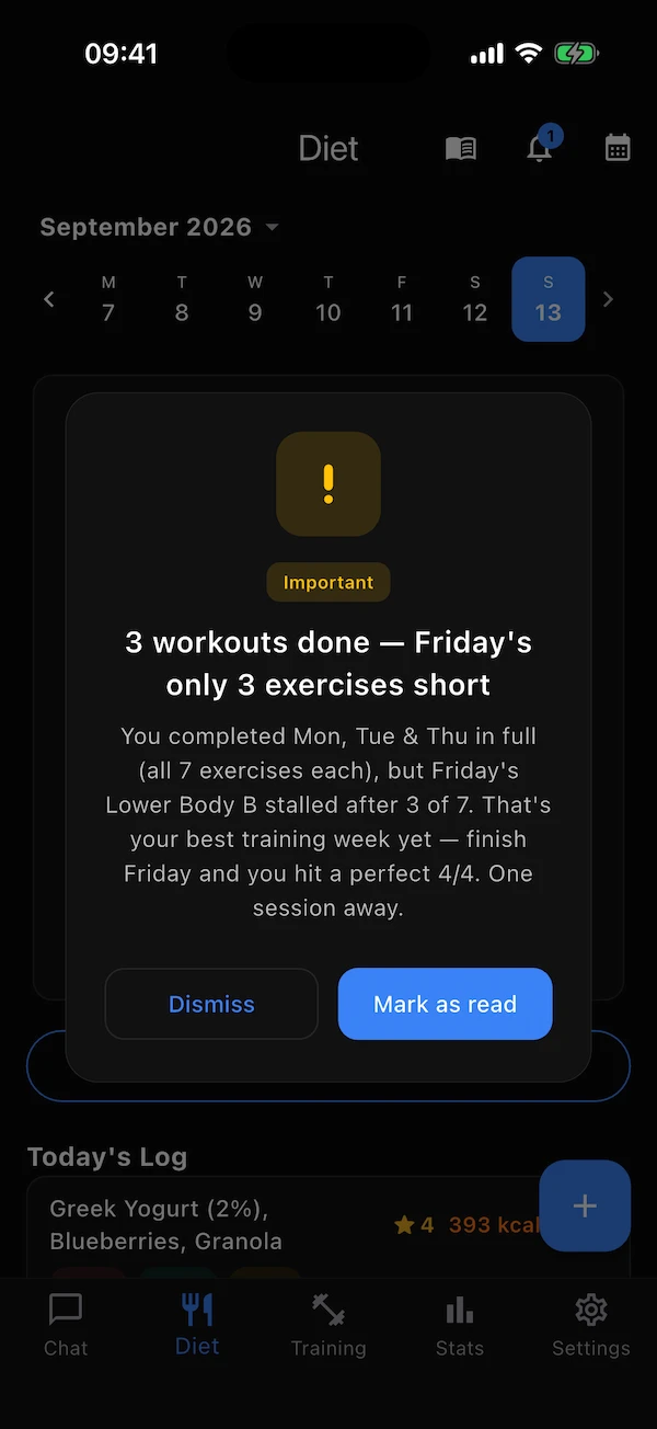 A high-priority notification shown as a dialog over the Diet tab