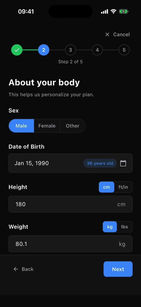 Questionnaire step 2: body