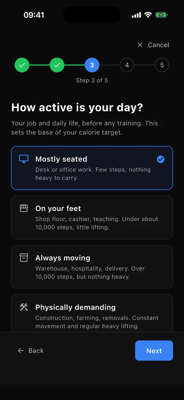 Questionnaire step 3: daily activity