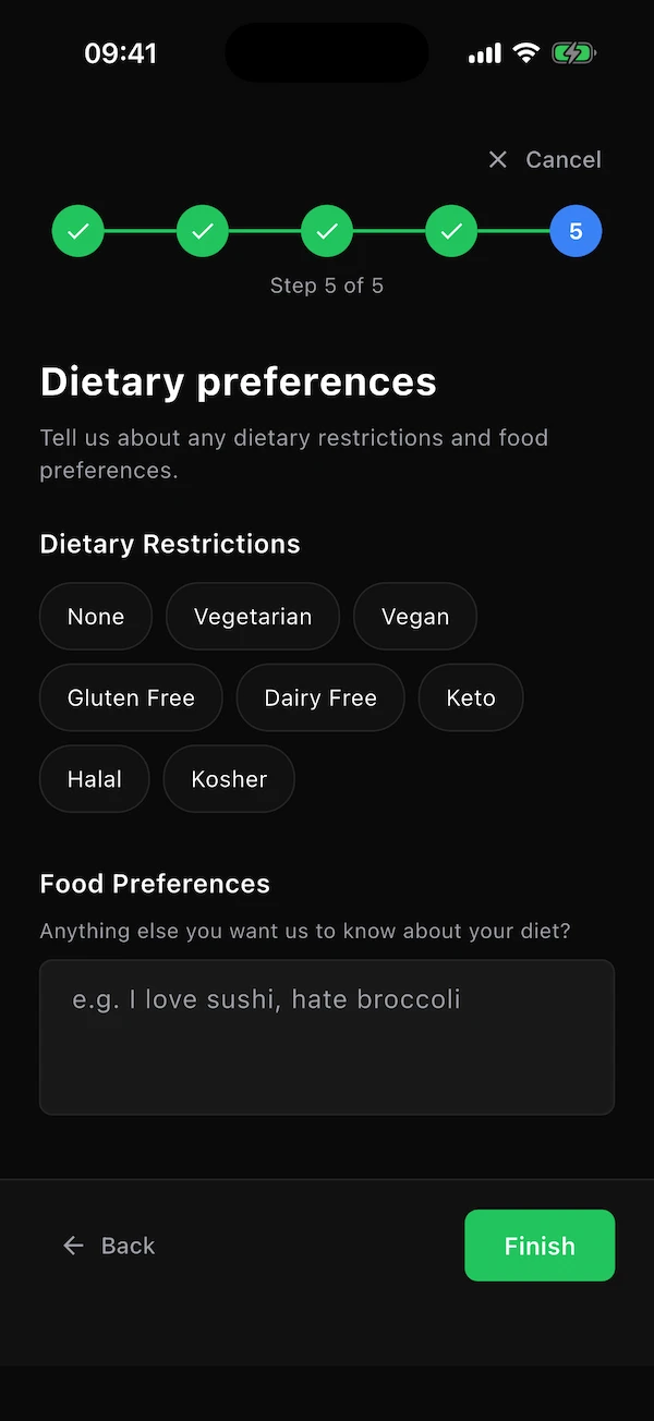 Questionnaire step 5: dietary preferences
