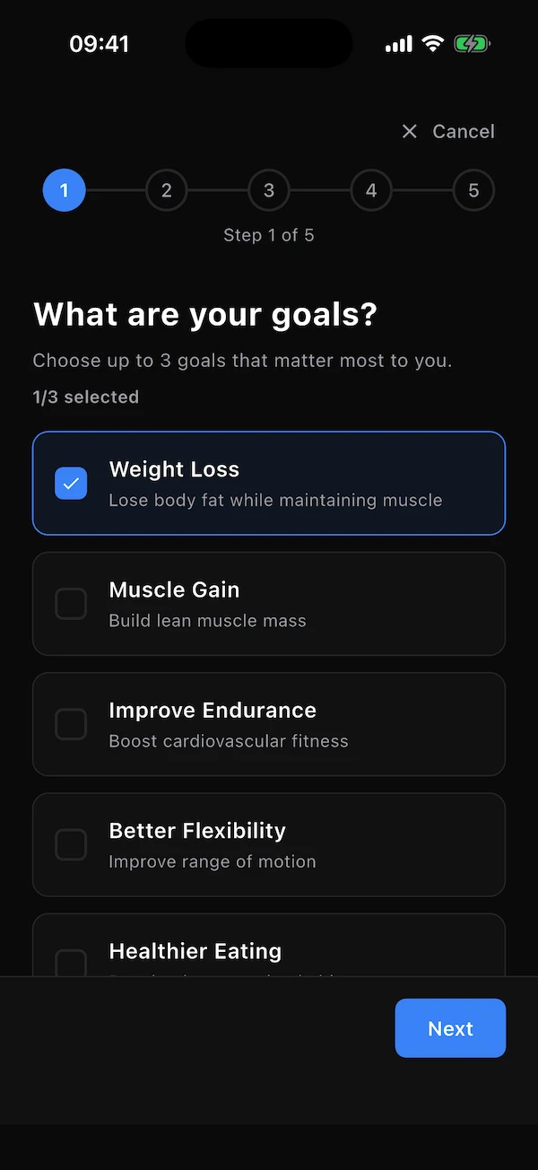 Questionnaire step 1: goals