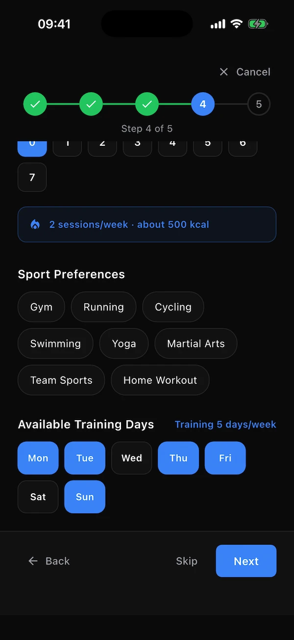 Questionnaire step 4 continued: the weekly total, sport preferences and training days