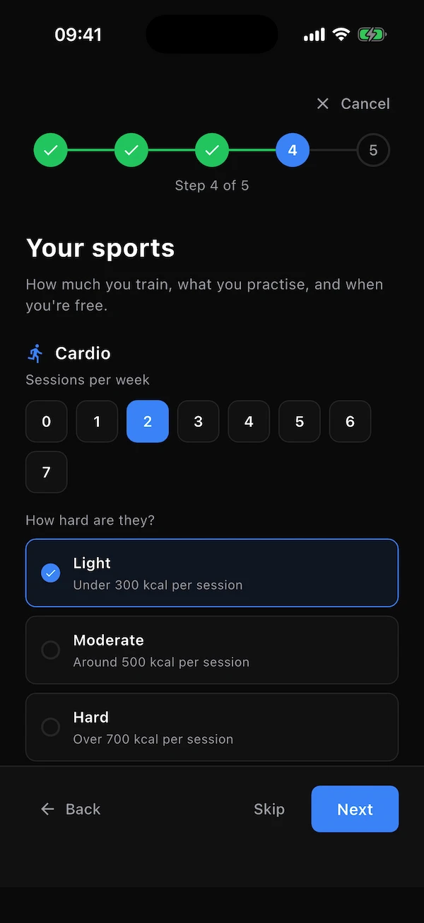 Questionnaire step 4: cardio sessions and intensity