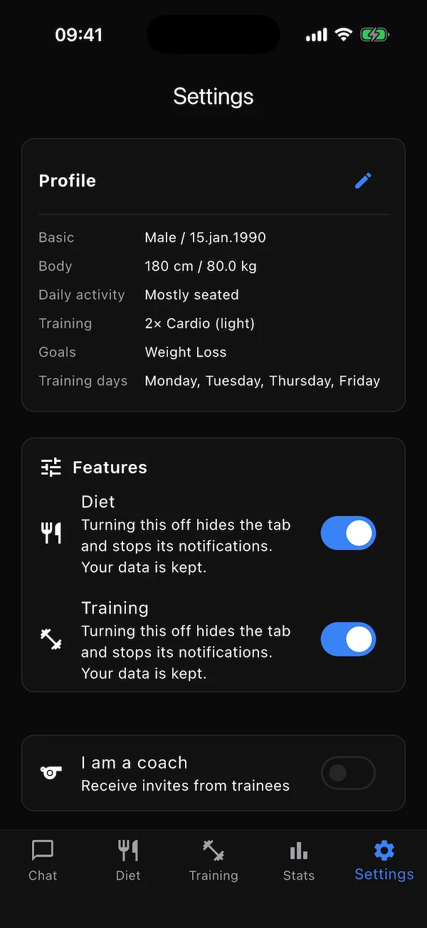 The Settings tab with the Profile card at the top