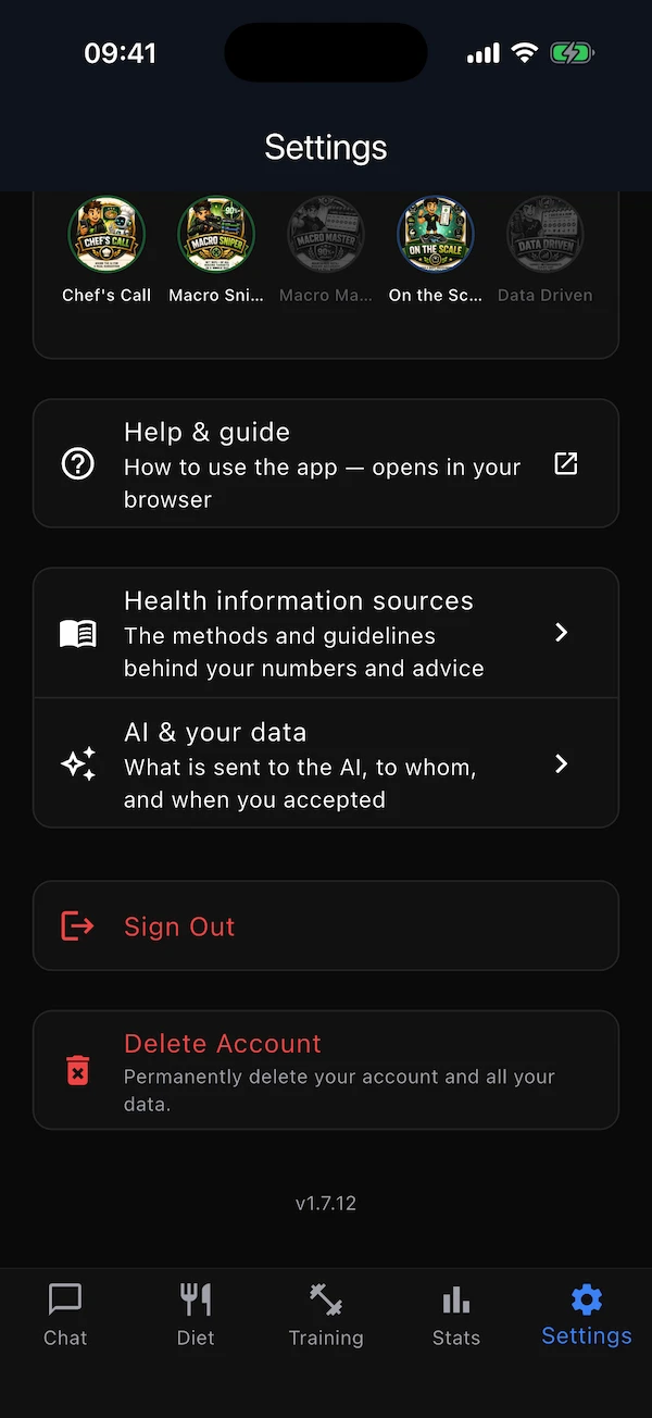 The bottom of the Settings tab: Sources, AI & your data, Sign Out, Delete Account, version