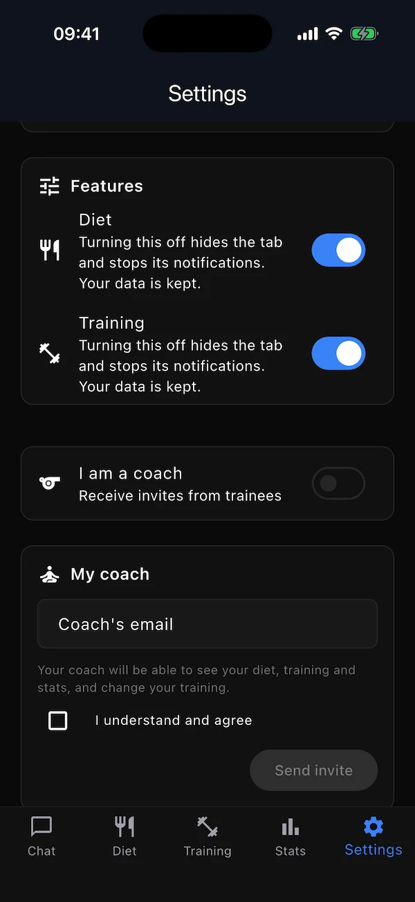 The Features, I am a coach and My coach cards in Settings