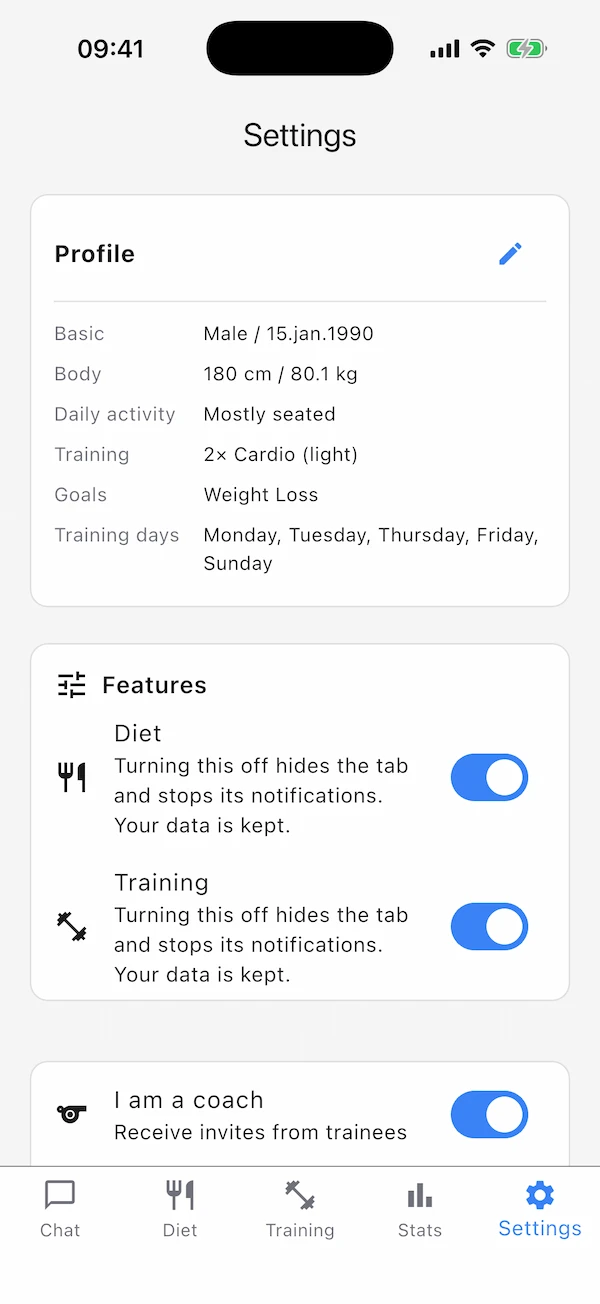The Settings tab in the light theme