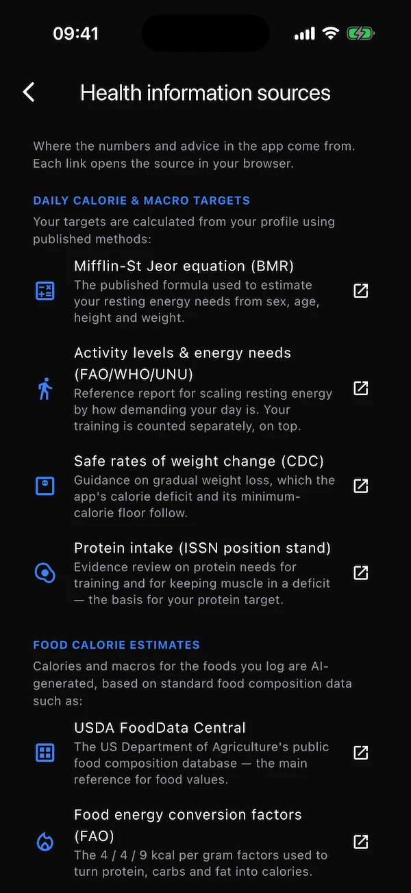 The Health information sources screen