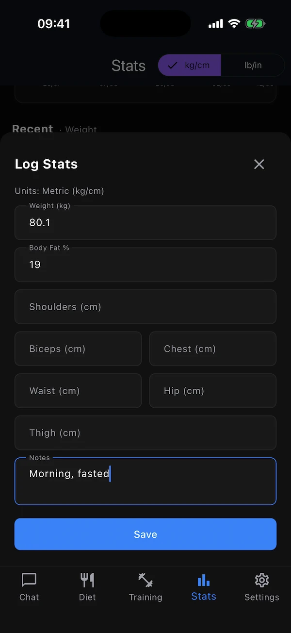 The Log Stats sheet with eight fields and notes