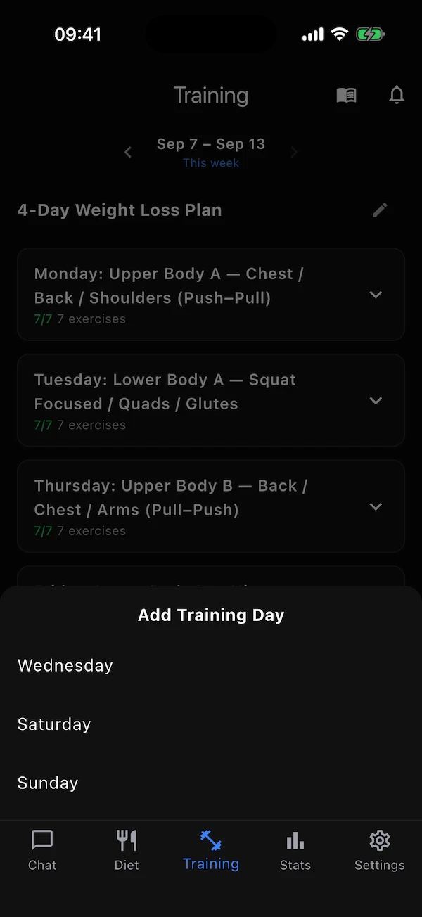 The Add Training Day sheet