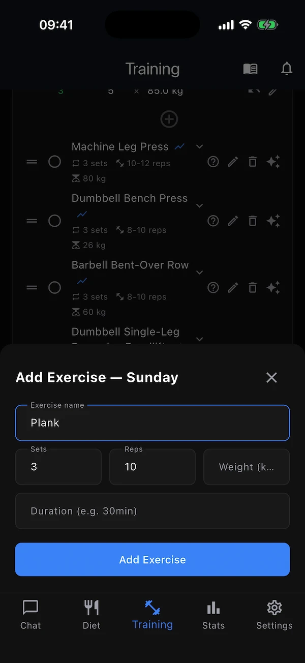 The Add Exercise sheet with name, sets, reps, weight and duration fields
