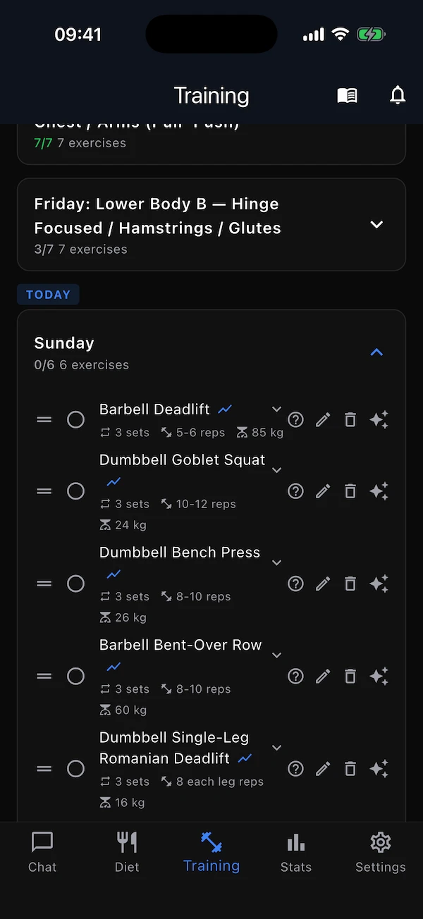 A day card expanded to show its exercises and their icons