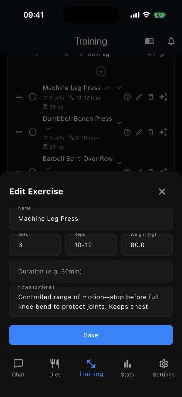 The Edit Exercise sheet