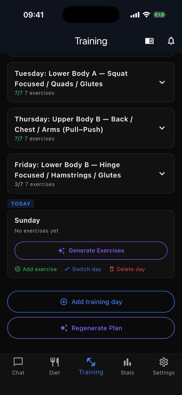 An empty training day with a Generate Exercises button