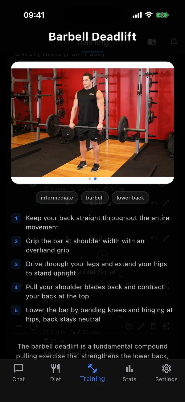 The exercise info overlay with photos, chips and key points