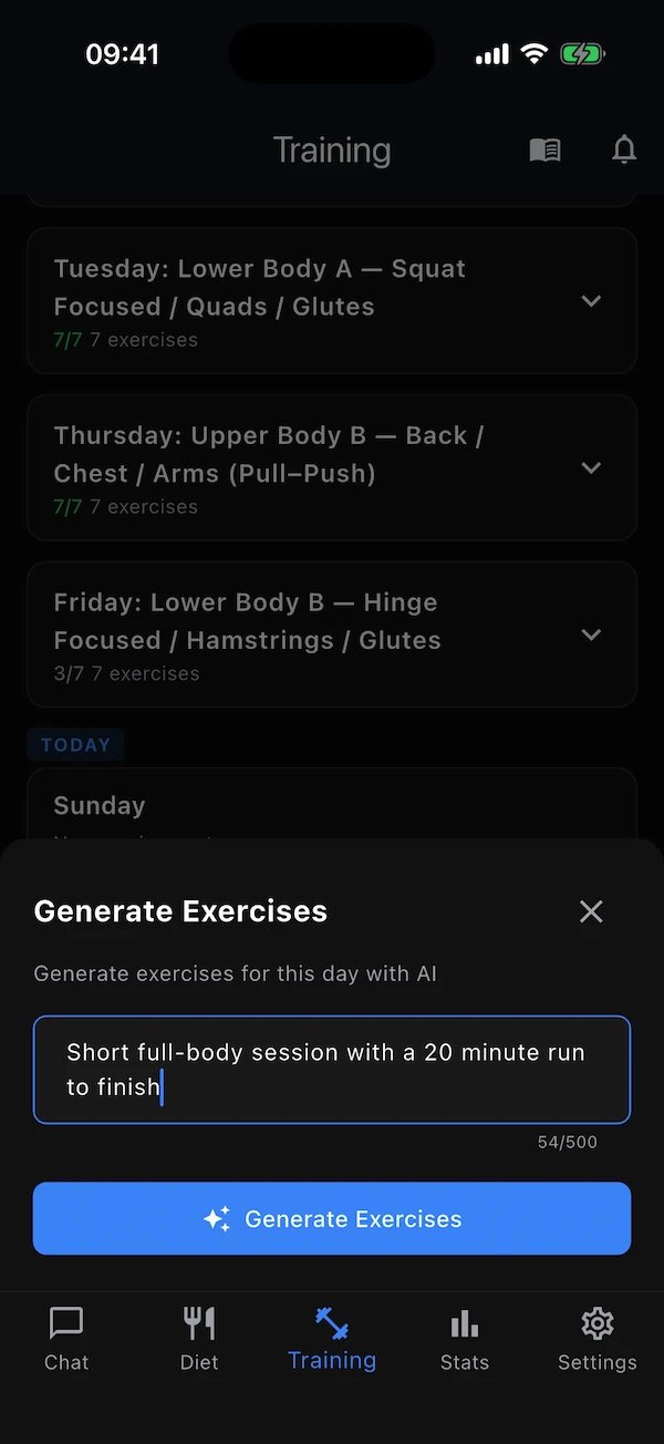 The Generate Exercises sheet for a day with a focus typed in