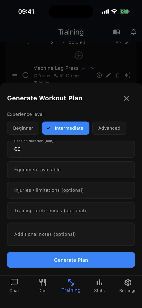 The Generate Workout Plan sheet