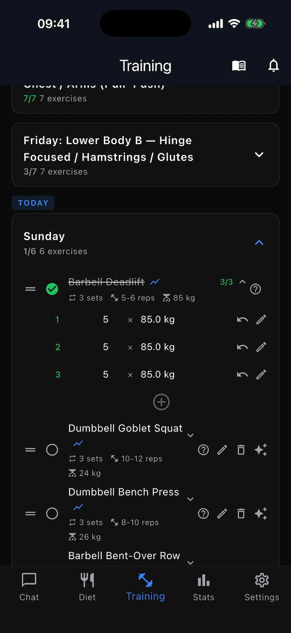 The same exercise with all sets logged and marked done