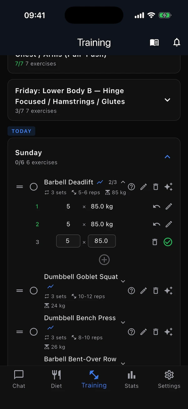 An exercise expanded into set rows with two sets logged