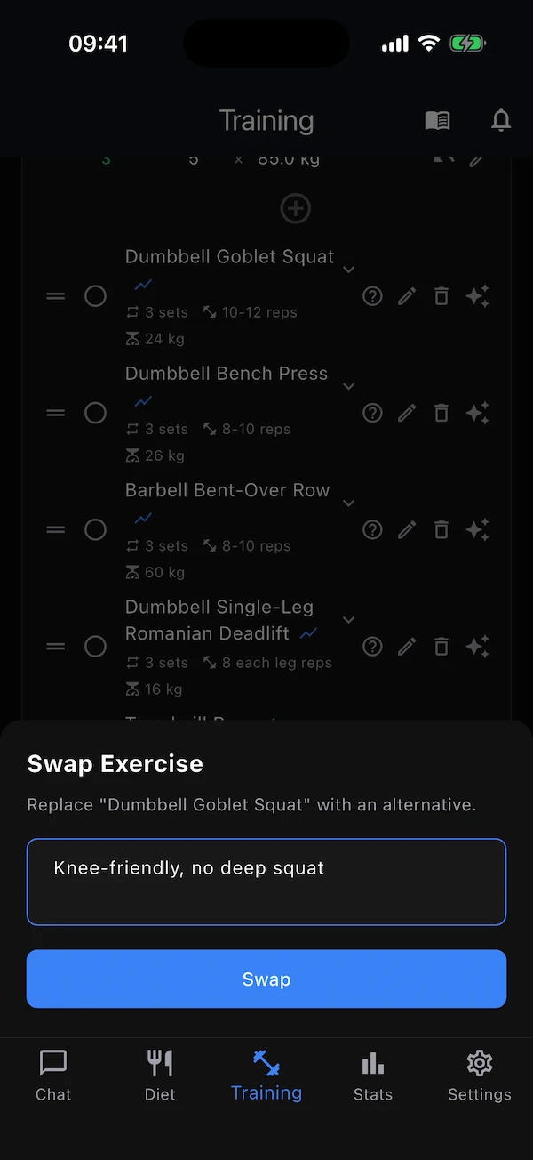 The Swap Exercise sheet with a preference typed in