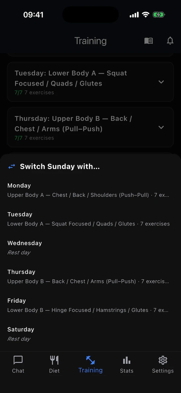 The Switch day sheet listing the other weekdays