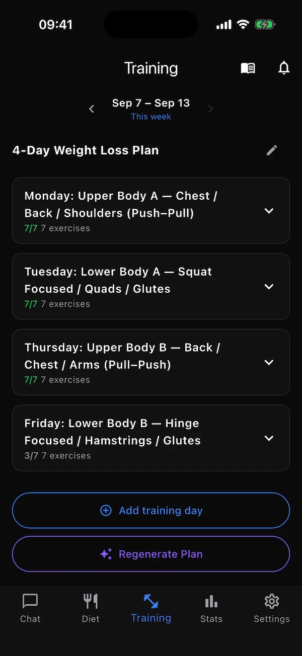 The Training tab showing this week's day cards with progress